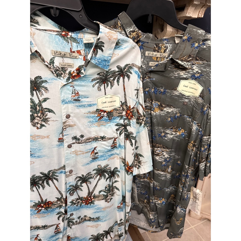 2 Batik Bay Mens XL Tropical Palm Tree Sailboat Rayon Sport Shirt